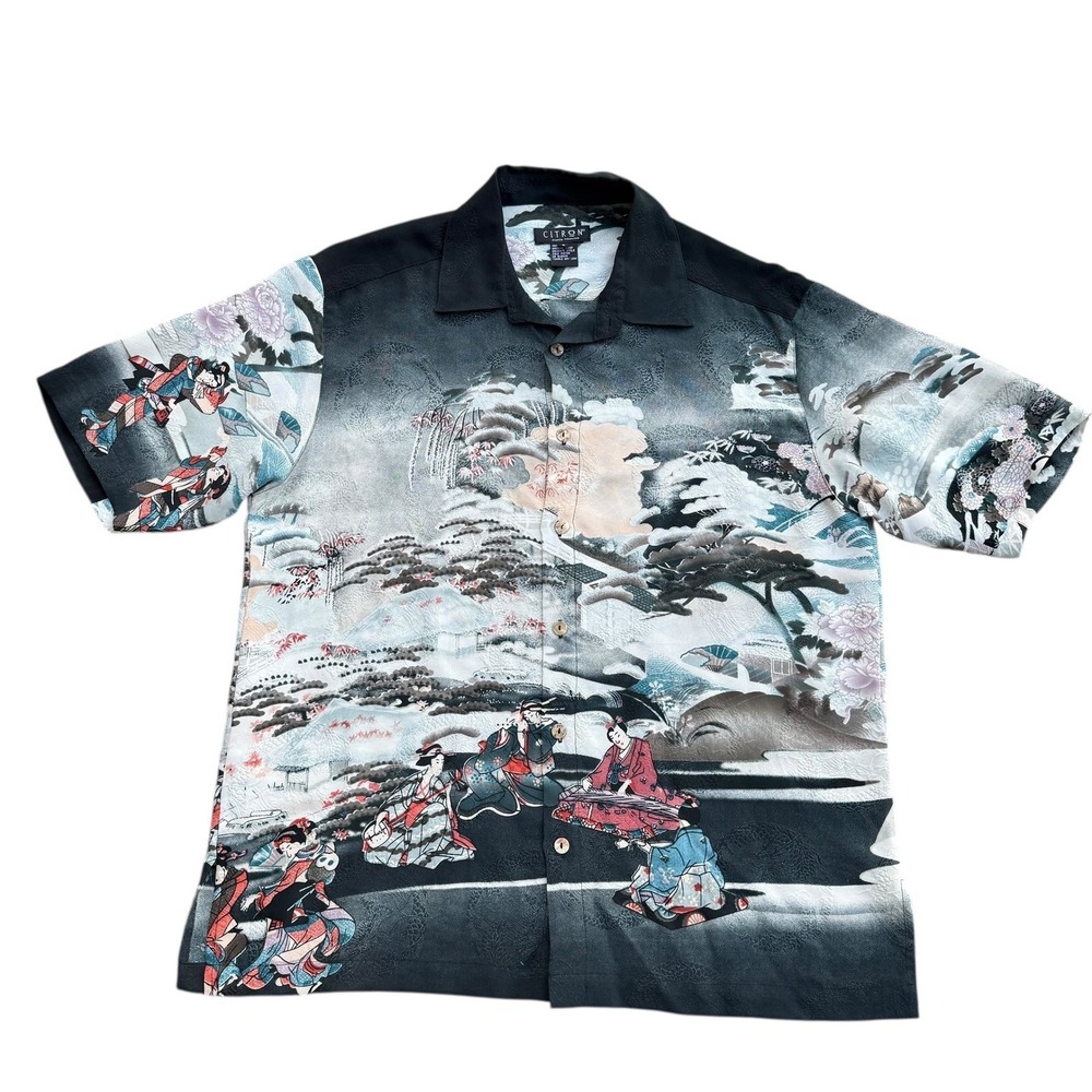 Citron Santa Monica Mens Silk Japanese Landscape Print Camp Shirt Black Blue S